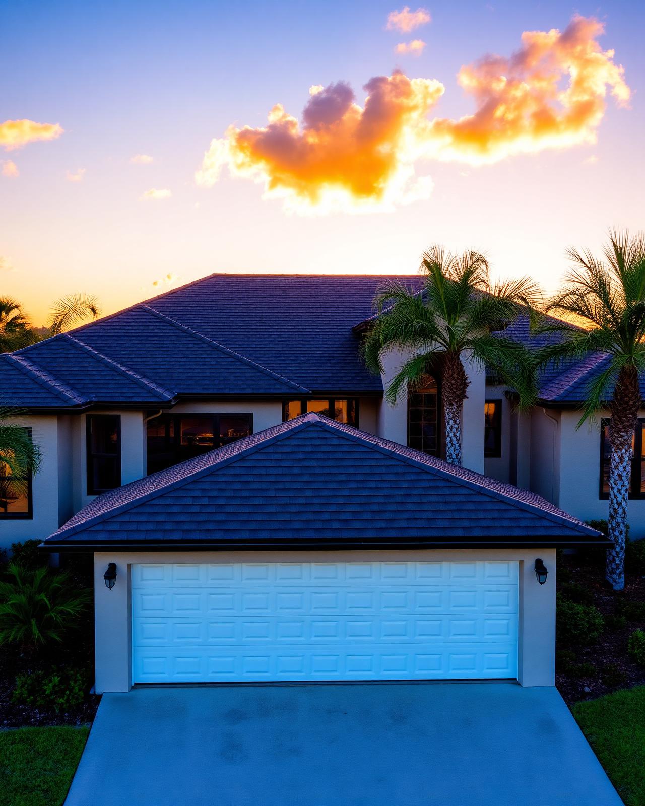 Florida home with newly installed dark architectural shingle roof at sunset